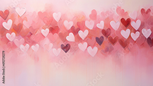 Abstract background featuring a collection of red and pink hearts on a soft pink canvas, creating a visually striking and romantic composition.