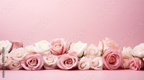 Aesthetic arrangement of pink and white roses against a soft pink surface, creating a visually stunning and romantic image with copyspace, 