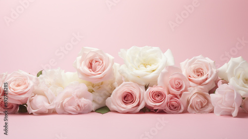 Aesthetic arrangement of pink and white roses against a soft pink surface, creating a visually stunning and romantic image with copyspace,