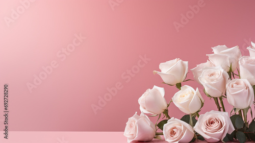 Aesthetic arrangement of pink and white roses against a soft pink surface, creating a visually stunning and romantic image with copyspace,s.