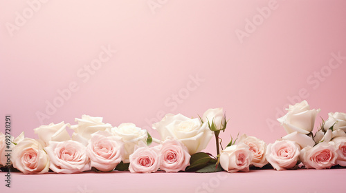 Aesthetic arrangement of pink and white roses against a soft pink surface, 