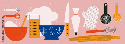Kitchenware collection. Tools for cooking and baking. Cutlery. Abstract horizontal banner with kitchen utensils. Flat vector illustration. Trendy abstract style. Scandinavian design.