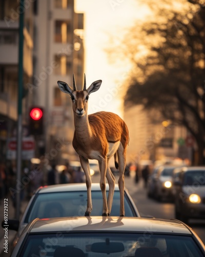 A gazelle standing on top of a car on a city street. Generative AI. © Natalia
