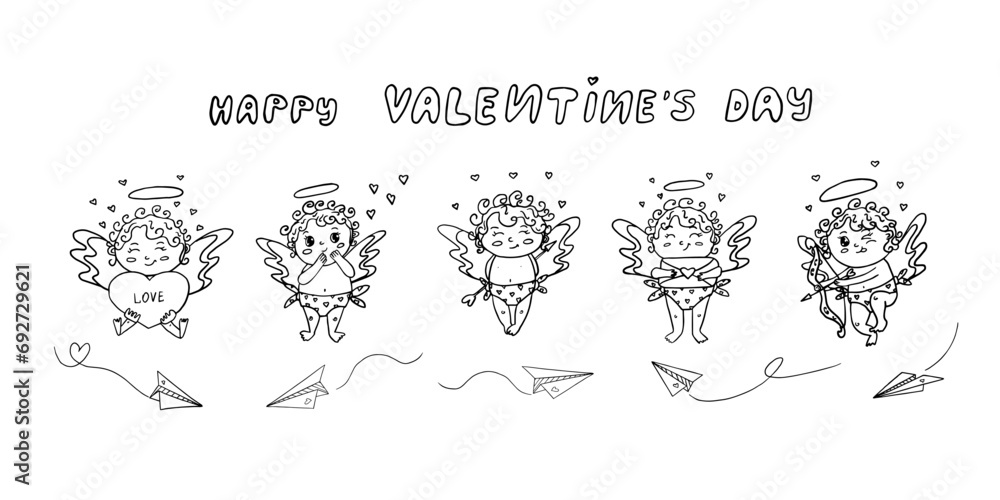 Big set of cute cupids with hearts and love letter, Paper plane, amur, cupid's arrow, love envelope. Cartoon cupids on the clouds. Great for Valentine's Day cards, posters, packaging. Hand drawn