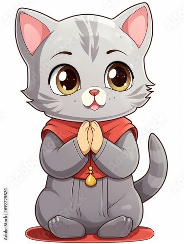 Cartoon sticker sweet kitten in Muslim clothes, AI