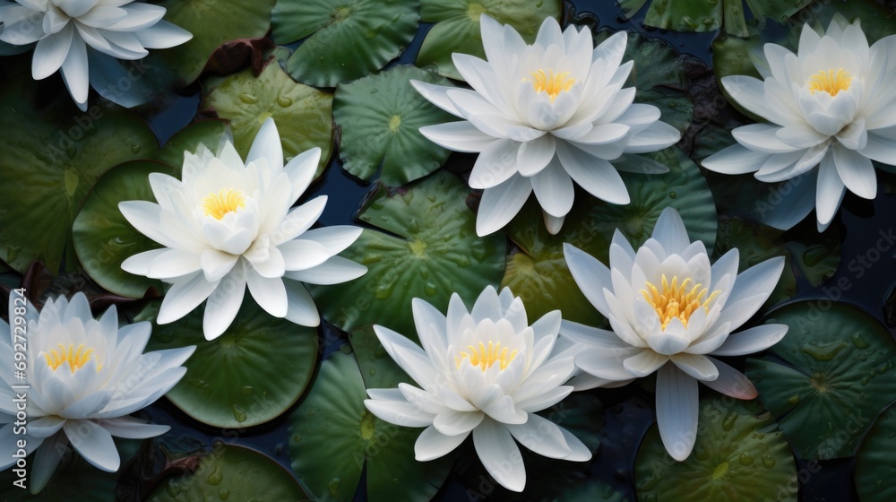 White water lilies in a pond with green leaves. Generative AI. White water lilies in a pond with green leaves. Generative AI.
