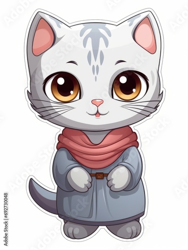 Cartoon sticker sweet kitten in Muslim clothes, AI © Vitalii But