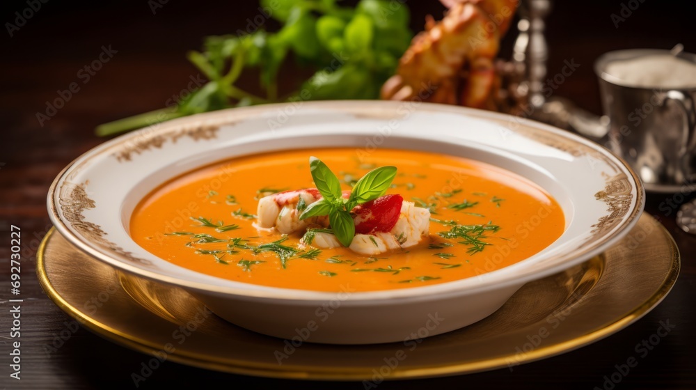 lobster bisque soup served in a delicate bowl, high quality, 16:9 lobster bisque soup served in a delicate bowl, high quality, 16:9