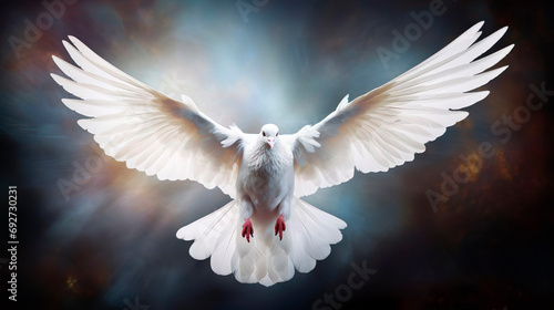 White dove of peace is a symbol of peace and freedom. Stop war and military attack. World peace concept. Flying bird. © Irina