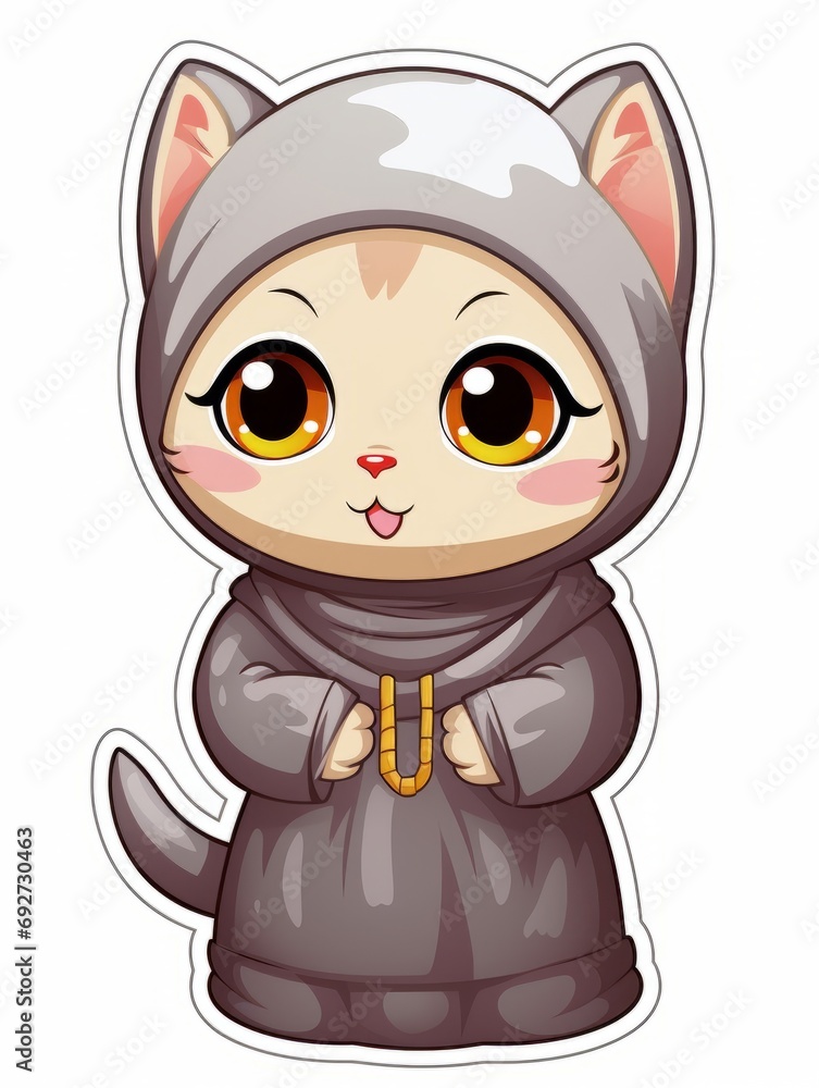 Cartoon sticker sweet kitten in Muslim clothes, AI