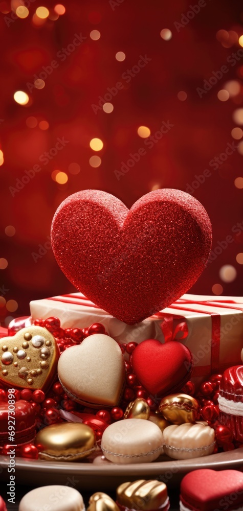 A stunning Valentine's Day wallpaper featuring a red heart and red candies. Generative AI. A stunning Valentine's Day wallpaper featuring a red heart and red candies. Generative AI.