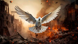 Stop war and military attack. White dove of peace. Bird symbol of peace and freedom. Destroyed fire city background.