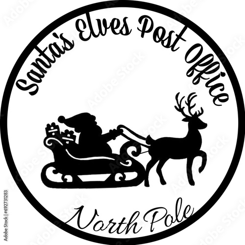 North Pole Santa Claus Elves Post Office, Christmas time postmark, vector graphics, icon, Merry Christmas greetings, stylized drawing of Santa Claus	