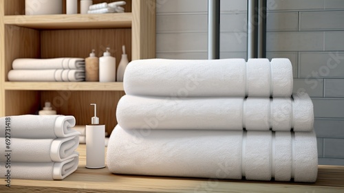 neatly folded fluffy towels in a closet within a lavish sports shower or spa pool, a minimalist modern composition that exudes the essence of opulence and tranquility.