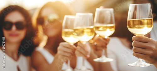 A merry company raises glasses of white wine against the rays of sunshine