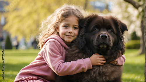 together of a little girl hugging a big dog on the lawn, sun