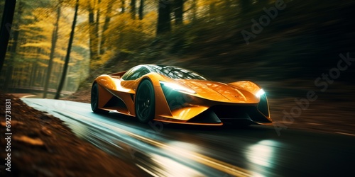 Bright yellow futuristic car driving in forest with high speed, blurred background © paffy