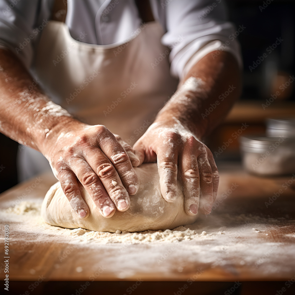 Baker master baking fresh bread: Hands kneading dough - created with generative AI