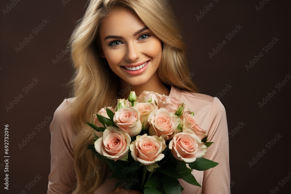 Beautiful blonde with a bouquet of roses Beautiful blonde with a bouquet of roses