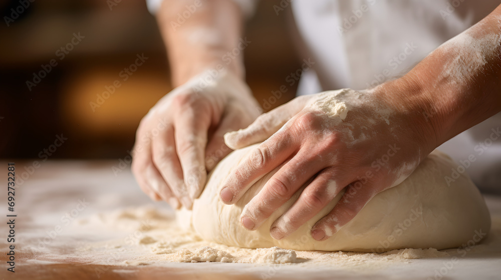 Baker master baking fresh bread: Hands kneading dough - created with generative AI