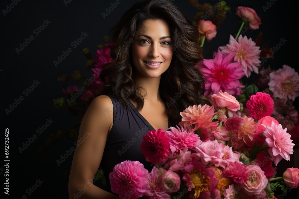 Passionate brunette surrounded by beautiful flowers Passionate brunette surrounded by beautiful flowers