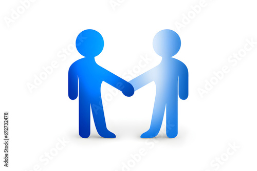 Two stylized blue figures shaking hands