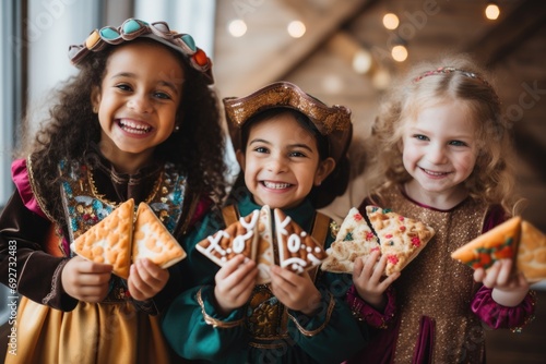 Three joyful children dressed in colorful costumes smile while holding decorated cookies during a festive celebration.