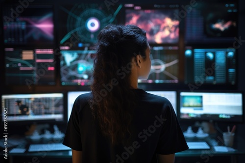 A specialist intently monitors multiple screens displaying advanced data analysis and visualizations in a high-tech surveillance room.