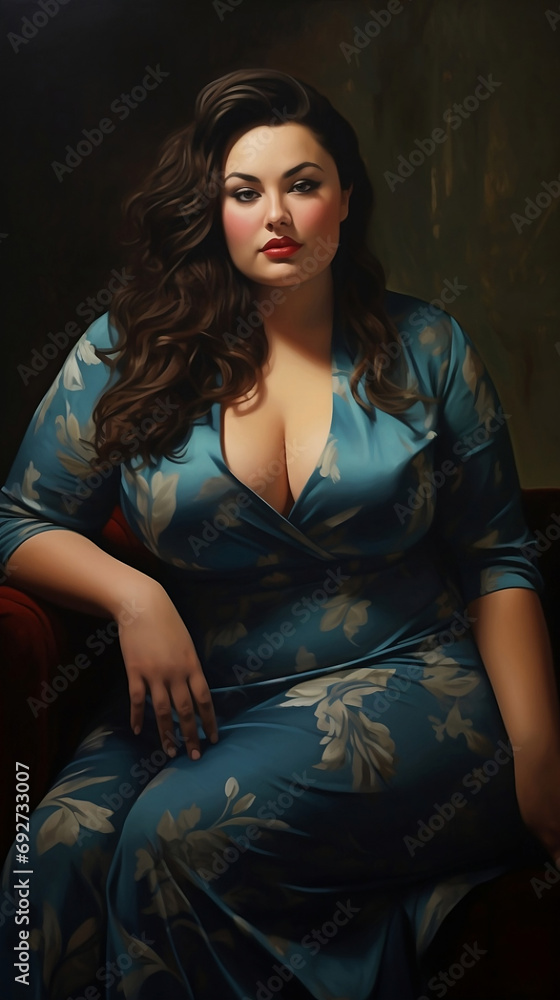 Naklejka premium Curvy Elegance: White Woman in Blue Palazzo