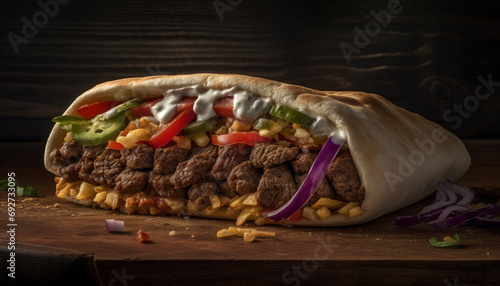 Grilled beef sandwich with fresh vegetables on rustic bread generated by AI