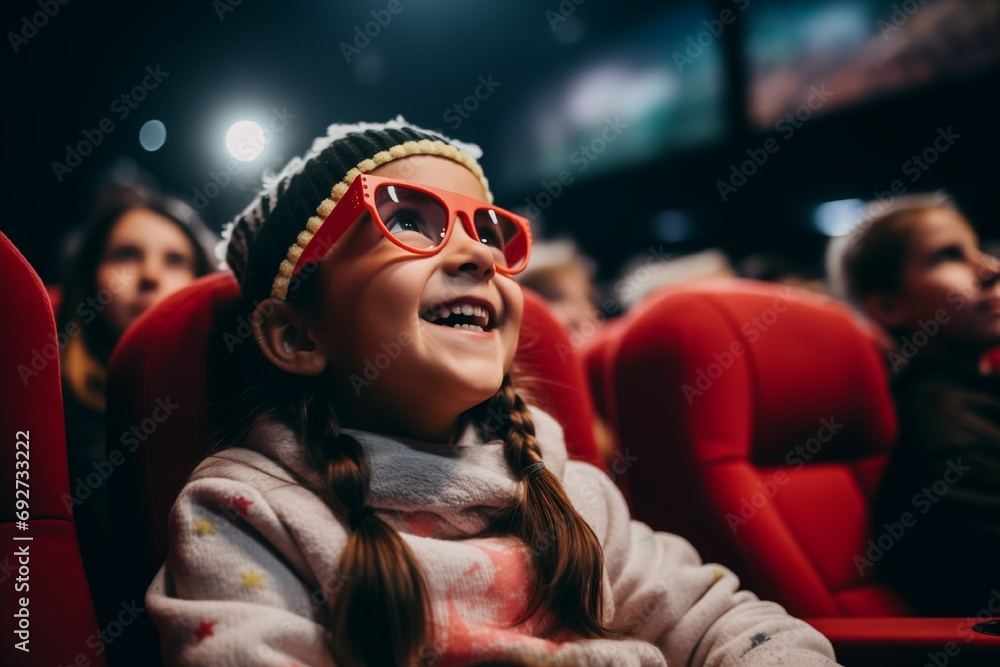 A girl in a New Year's cap watches a movie in a cinema and laughs, looks into the frame