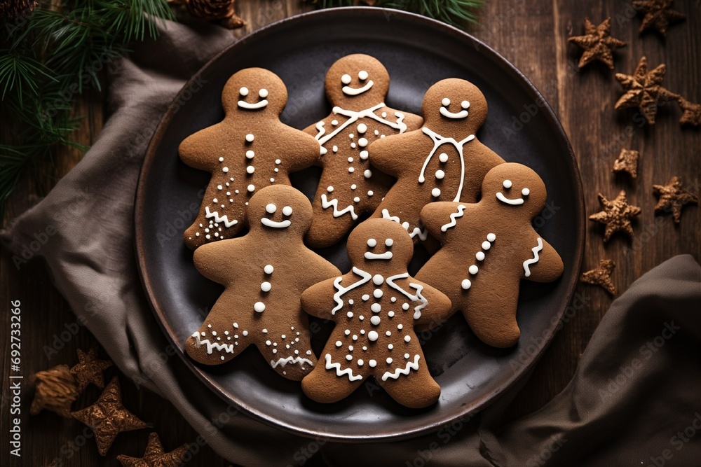 New Year's gingerbread cookies in the shape of a deer with icing and sprinkles on a plate, on a rustic table, top view