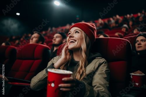A girl in a New Year's cap watches a movie in a cinema and laughs, looks into the frame
