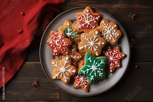 New Year's gingerbread cookies in the shape of a deer with icing and sprinkles on a plate, on a rustic table, top view 