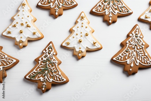 Christmas tree cookies with icing on a white plate top view