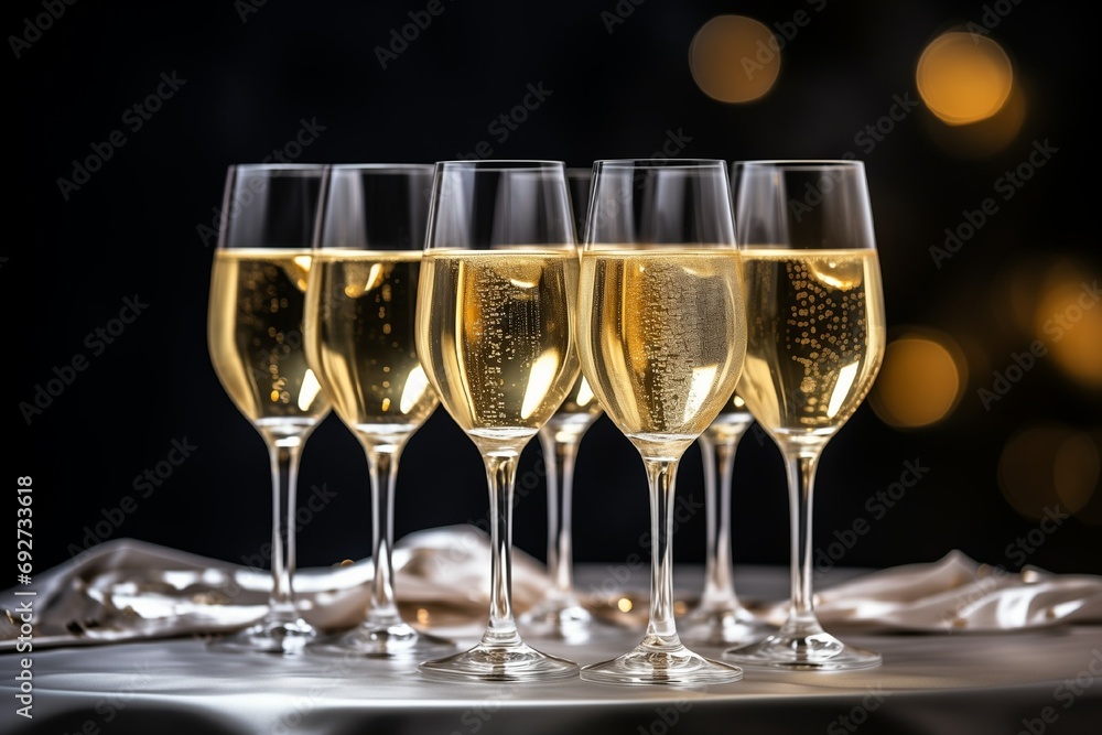 Glasses with champagne, New Year's mood, table decoration, drinks Glasses with champagne, New Year's mood, table decoration, drinks