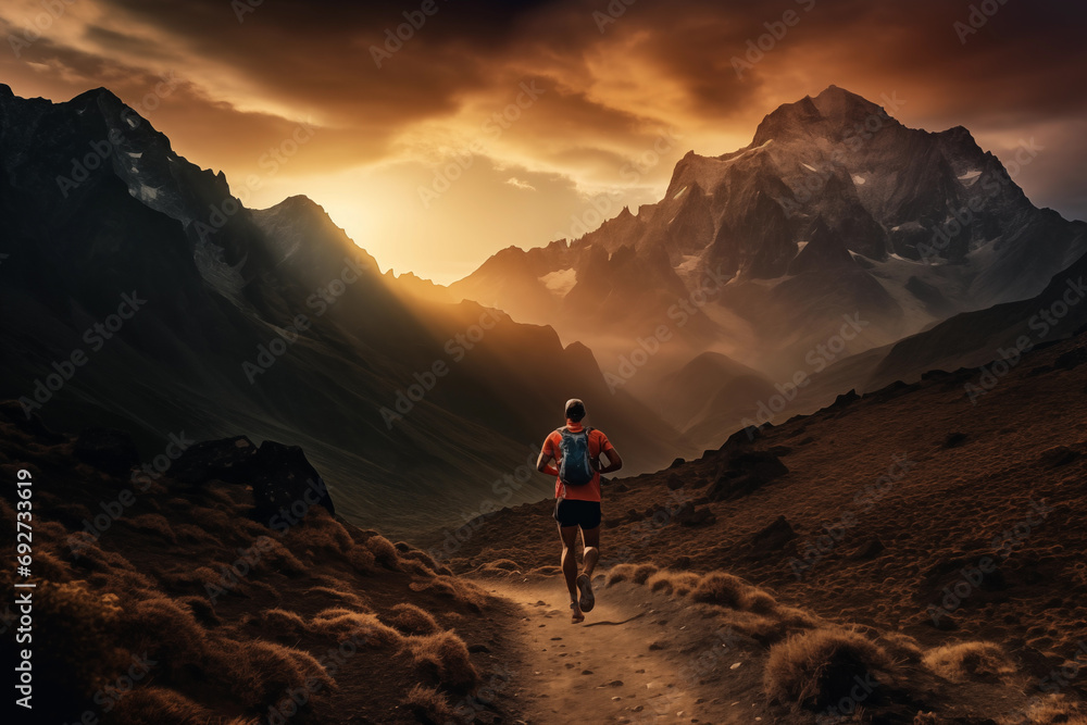 Adventurous Man Takes on Majestic Mountains in Moody Sunset Scene. Trail Running.