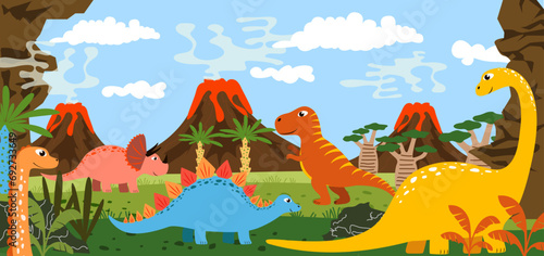 Vector children's bright illustration with dinosaurs on the background of nature, volcanoes, stones and plants. Suitable for book illustrations, nursery wallpaper, prints, children's products