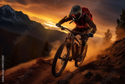 Backlit Mountain Biker Charging Towards Camera During Beautiful Sunset © Tigarto