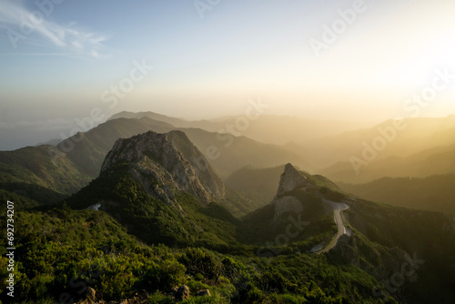 view of Roque de Agando in La Gomera at sunrise