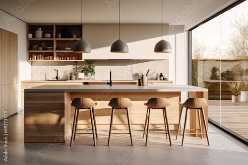 Modern kitchen with wooden island  barstools  and a garden view through a large window.
