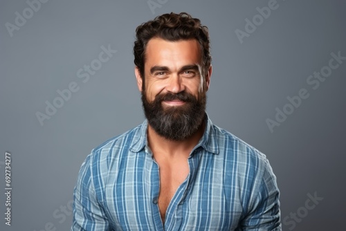 Handsome man with beard and mustache looking at camera over grey background © Iigo