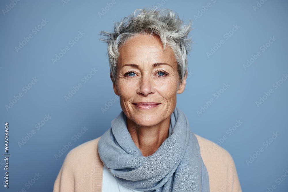 Portrait of happy senior woman with grey hair and blue scarf.