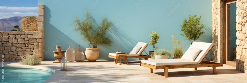 mediterranean pool and outdoor living room - obrazy, fototapety, plakaty 