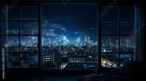 Background of a cityscape skyline showing the city with bright lights out of a modern window © Jennifer Clason
