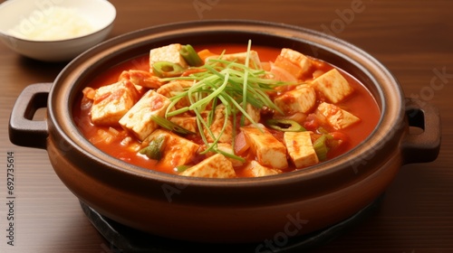Delicious Korean Kimchi Stew with Tofu on White Background AI Generated