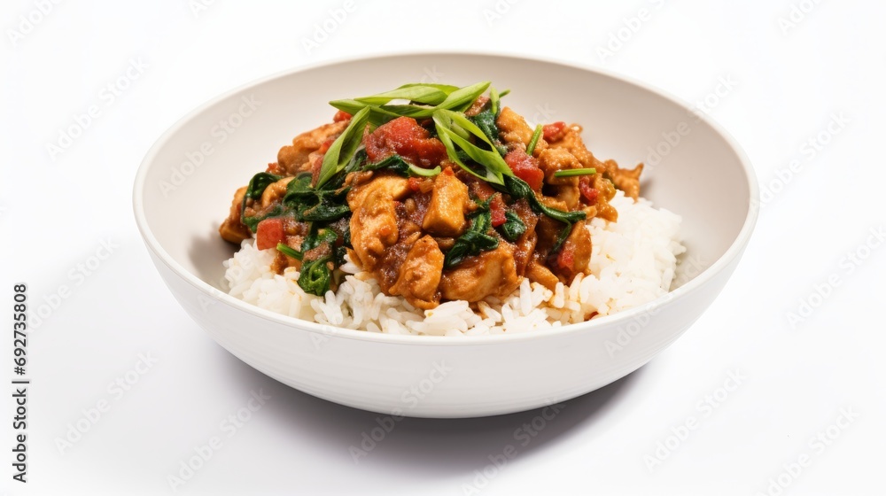 Delicious Thai Basil Chicken Pad Kra Pao Gai with Rice on White Background AI Generated