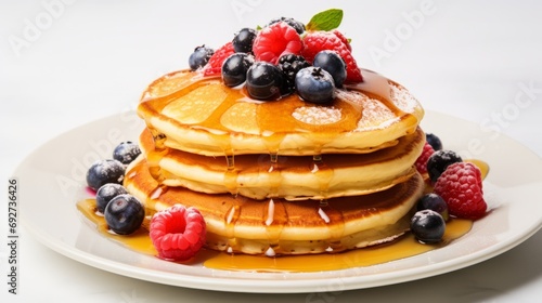 Delicious American Pancakes with Maple Syrup and Berries AI Generated