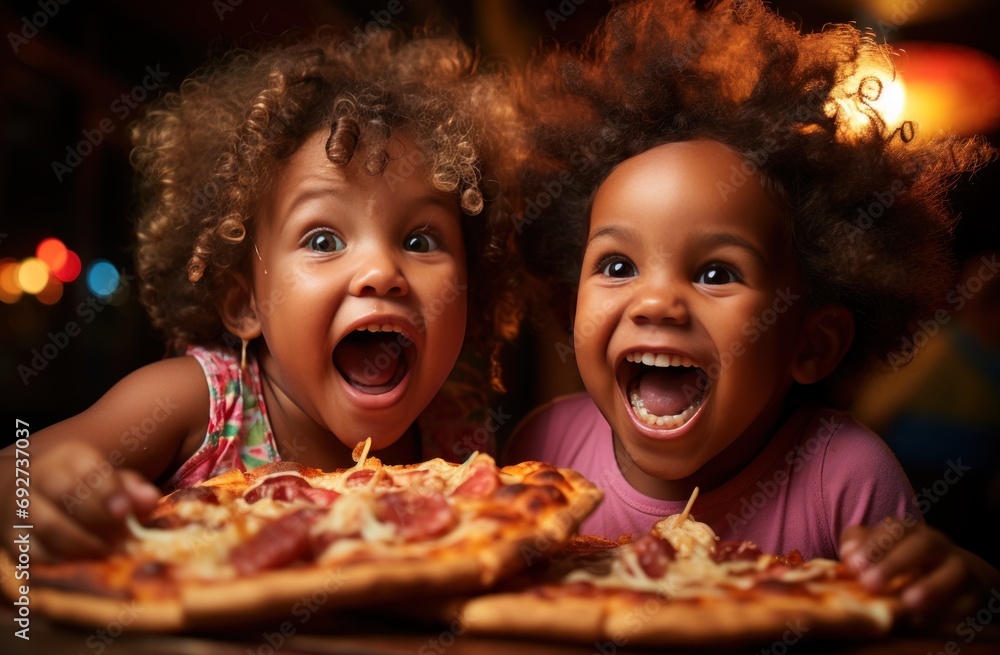 two girls holding slices of pizza