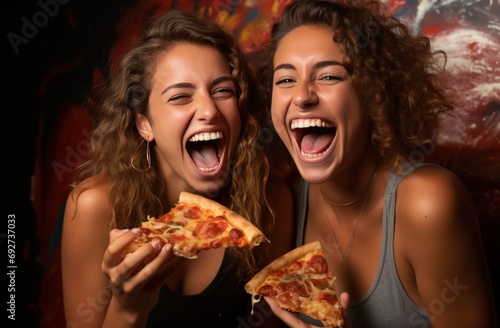 two girls holding slices of pizza